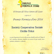 Premio "Formica d'Oro" 2016 alla Cooperativa Cecilia