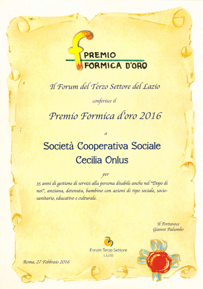 Premio "Formica d'Oro" 2016 alla Cooperativa Cecilia